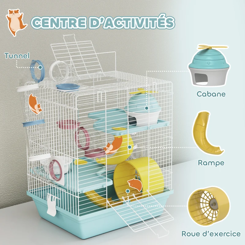 PawHut Cage hamster, cage rongeur à 3 niveaux, avec roue d'exercice, tunnel de jeu, gamelle, cabane, 34,5 x 27,5 x 41 cm, bleu