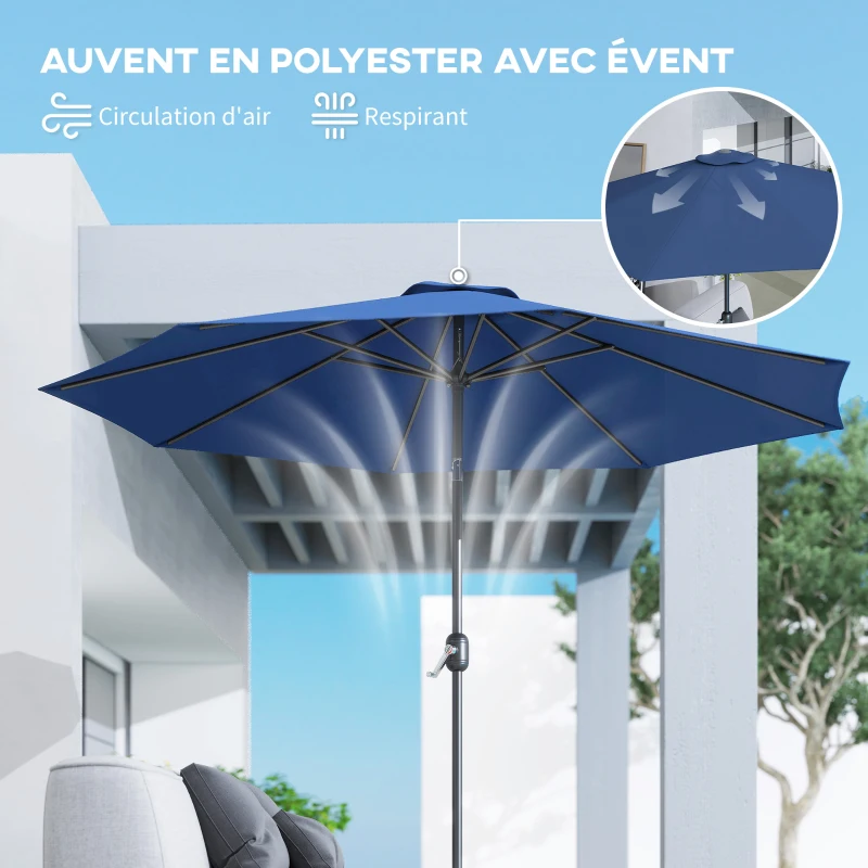 Outsunny Parasol de jardin extérieur Parasol droit inclinable Ø 3 m en métal Rond Polyester 180g/m² manivelle inclinable Bleu
