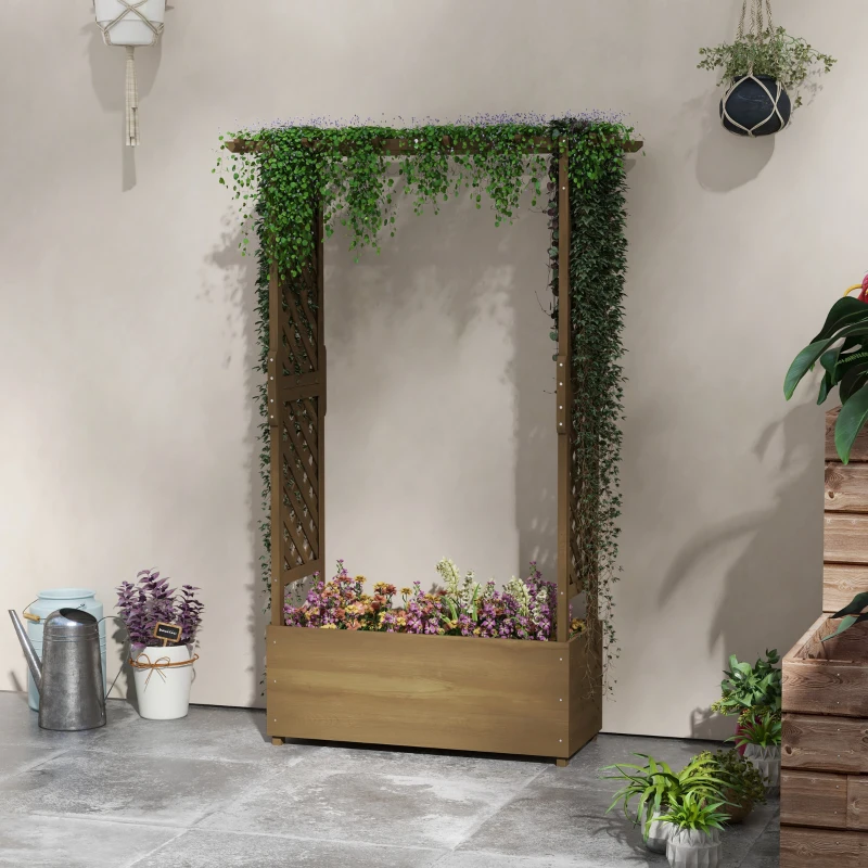 Outsunny Jardinière avec treillis et arche, bac à fleurs avec trou de drainage pour plante grimpante, 112 x 41 x 180 cm, marron