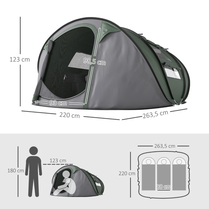 Outsunny Tente de camping 4-5 personnes montage instantanée pop-up 2 portes enroulables 4 fenêtres dim. 2,63L x 2,2l x 1,23H m fibre verre polyester PE vert gris