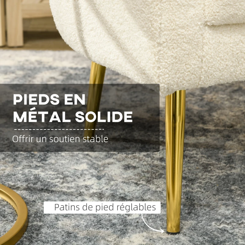 HOMCOM Fauteuil salon avec appuie-tête amovible, fauteuil crapaud en peluche teddy, pieds en métal, 71 x 65 x 90 cm, crème