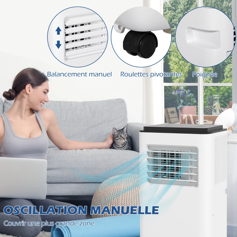 HOMCOM Climatiseur mobile 7000BTU 2kW 5 en 1 refroidissement, déshumidificateur, ventilateur, auto, mode nuit, 2 vitesses
