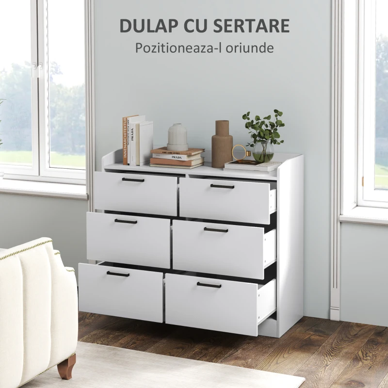 HOMCOM Comodă cu 6 sertare din lemn, margini ridicate și mânere în formă de U, 100x40x88 cm, alb