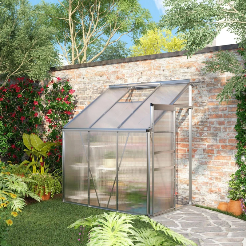 Outsunny Serre de jardin adossée aluminium polycarbonate 2,4 m² dim. 192L x 127l x 214H cm avec fenêtre et porte coulissante