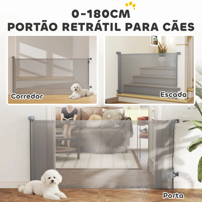 PawHut Barreira de Segurança para Cães Retrátil Extensível até 180 cm de Largura para Escadas e Portas Cinzento
