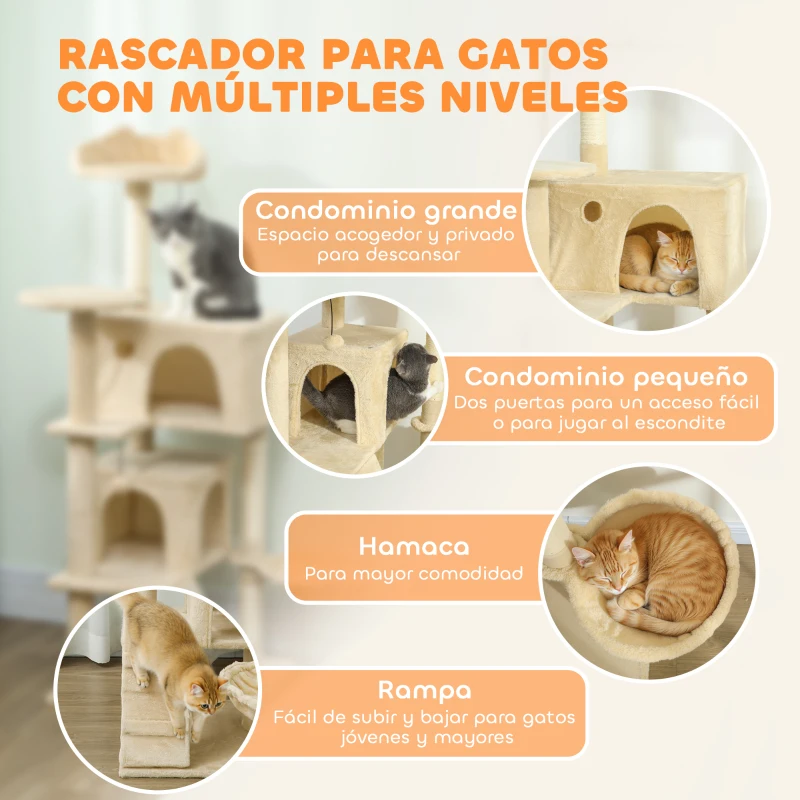PawHut Árbol Rascador para Gatos 140 cm con Plataformas Cama 2 Cuevas Hamaca Escalera Postes de Sisal Beige