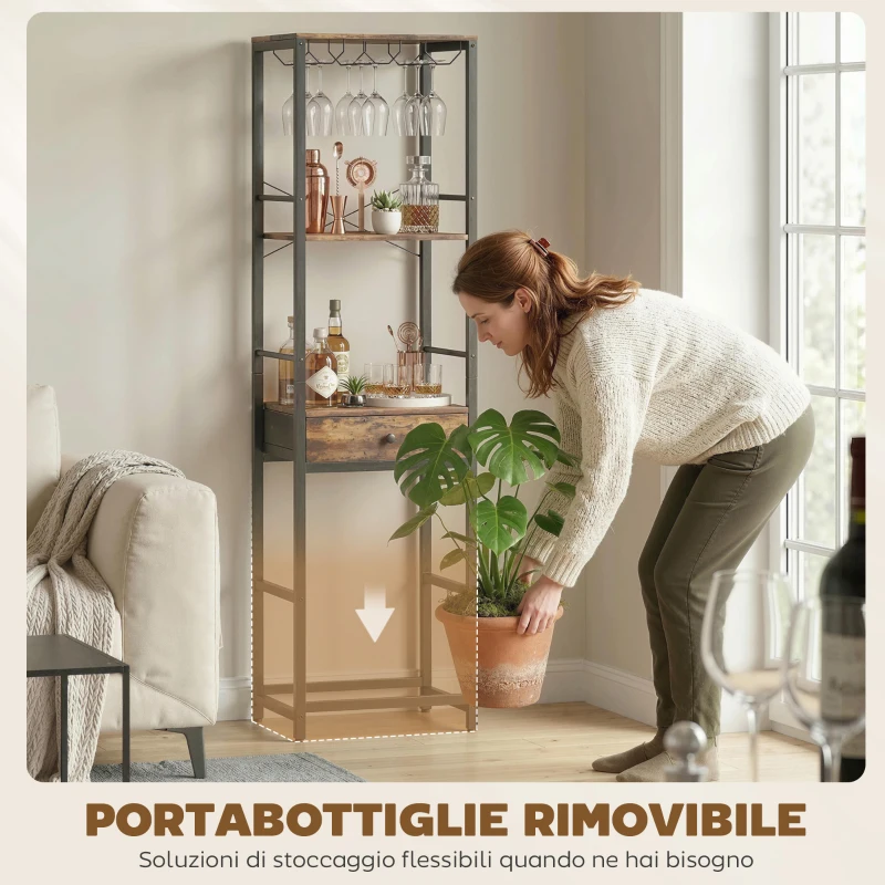 HOMCOM Mobile Bar, Mobile da Bar con Cassetto, Portabicchieri, Marrone Rustico