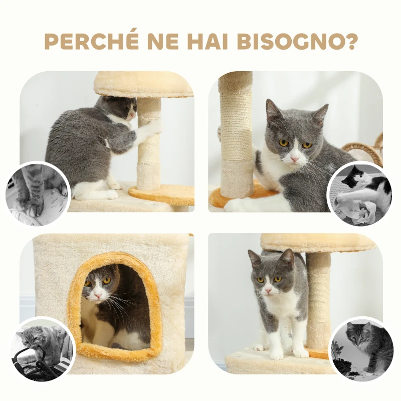 PawHut Albero Tiragraffi per Gatti con Posatoio e Casetta, in Legno, Peluche e Sisal, 40x30x72 cm, Beige e Giallo