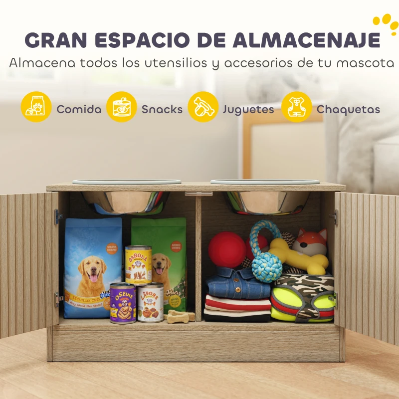 PawHut Comedero Perro Elevado con 2 Cuencos de Acero Inoxidable 2x2000 ml con Comedero Lento Almacenamiento Oculto Roble