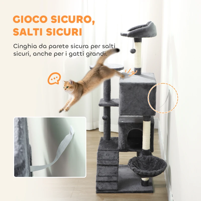 PawHut Albero per Gatti Alto 140 cm con 2 Casette, Lettino e Amaca per 2-3 Gatti, Rivestimento Peluche, Grigio