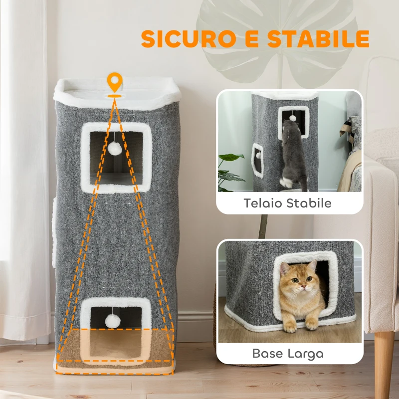 PawHut Torre per Gatti con 3 Casette, 3 Palline e Posatoio, in Legno, Tessuto e Peluche, 41x41x100 cm, Grigio e Bianco