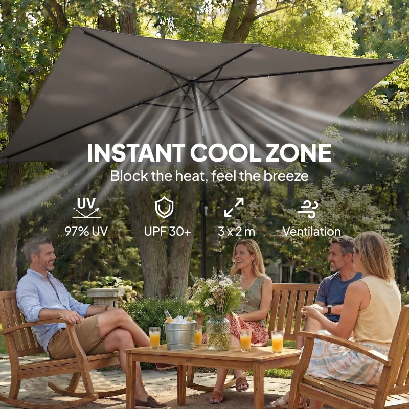 Outsunny 3 x 2 m Garden Parasol Umbrella with LED Solar Light, Parasol Cover, Outdoor Market Patio Umbrella, Dark Grey
