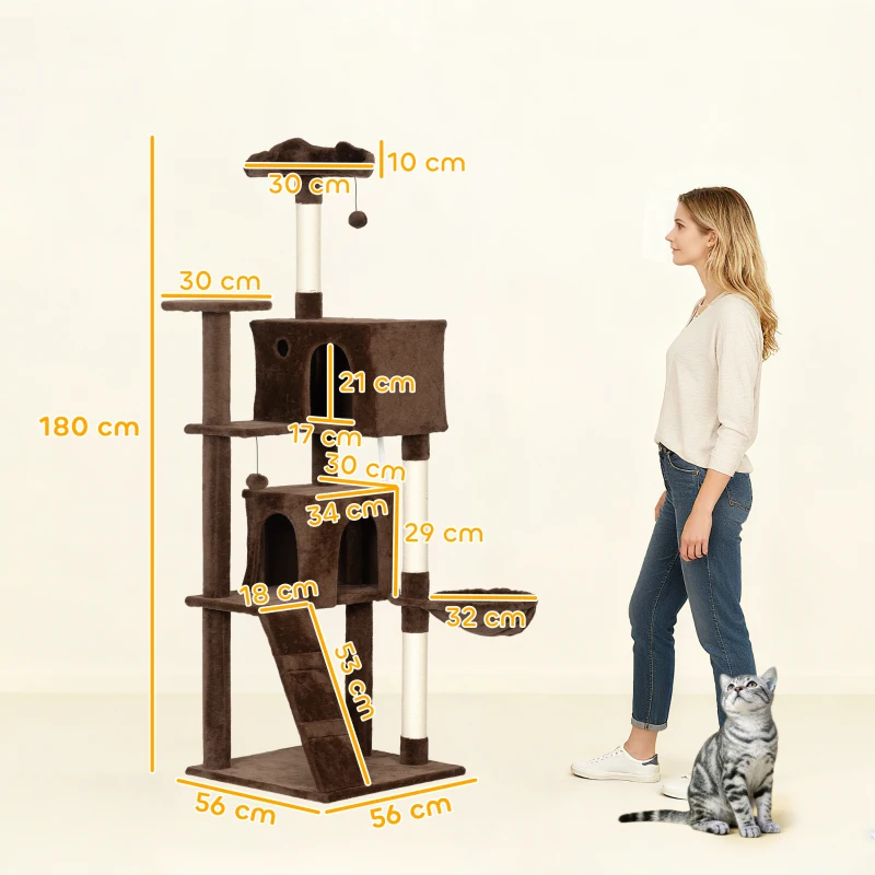 PawHut Árbol Rascador para Gatos 180 cm con Plataformas Cama 2 Cuevas Hamaca Escalera Postes de Sisal Marrón