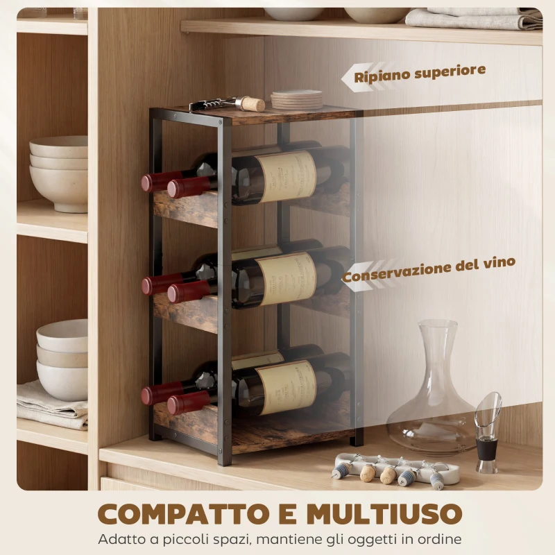 Portabottiglie HOMCOM, scaffali ondulati, piedini regolabili, marrone rustico, nero.