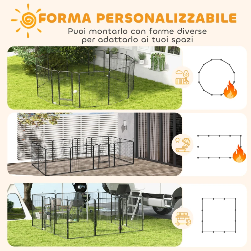 PawHut Recinto per Cani a 12 Pannelli Modulabili da 80x100 cm, Pieghevole con Porta in Acciaio e 12 Picchetti, Grigio