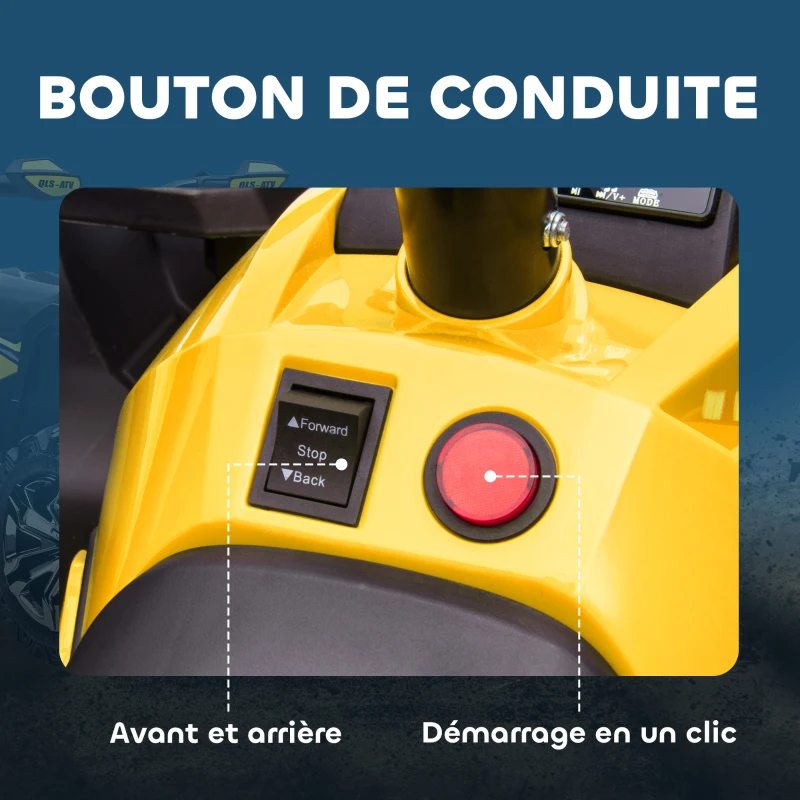 HOMCOM Quad Buggy électrique Enfant 12 V 8 Km/h Max. Voiture électrique Enfant avec Effets Lumineux sonores Selle avec Dossier Porte-Bagage Avant métal PP Jaune Noir(m-7)