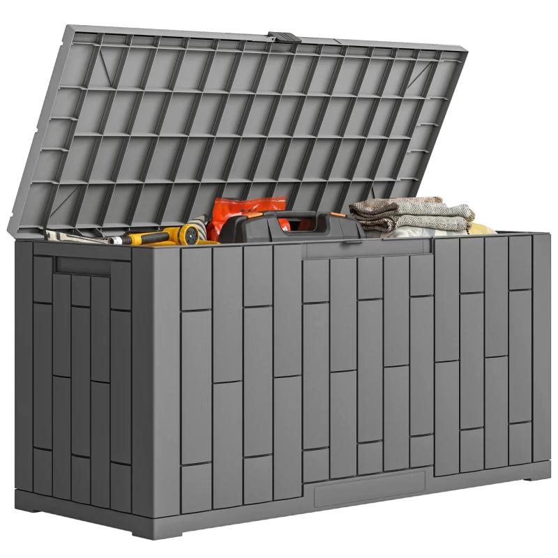 Outsunny Coffre de Rangement Extérieur 227 L Verrouillable avec Vérin à Gaz, Aspect Bois, 106,5x43x54,5cm, Gris