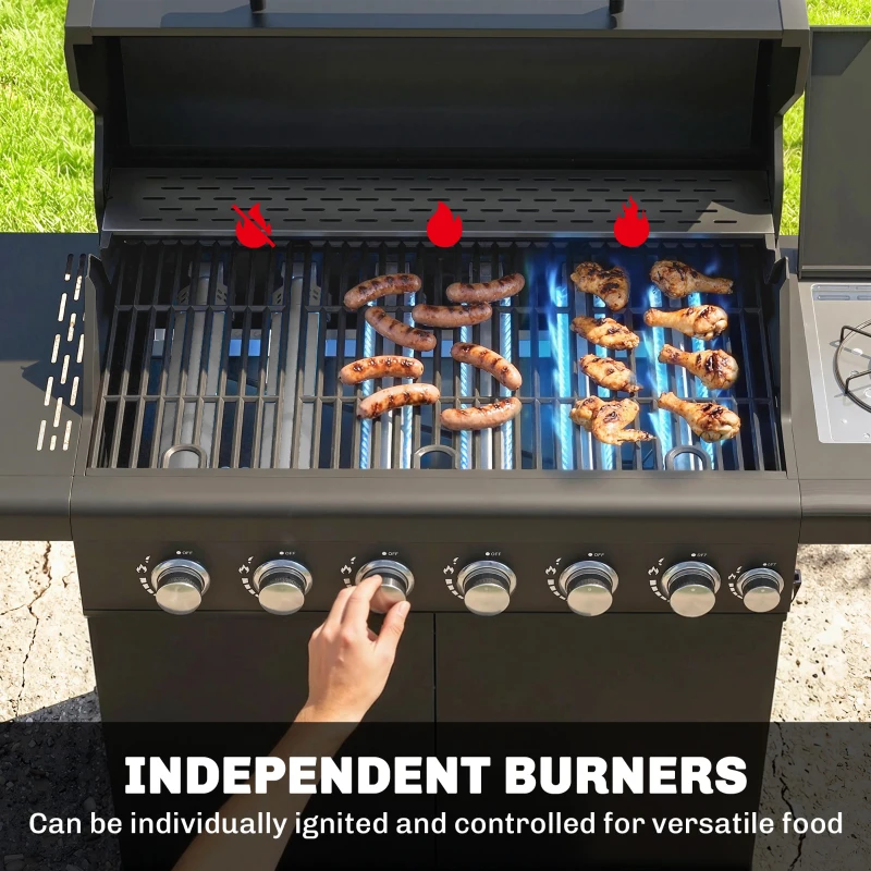 Outsunny 6+1 Burner Gas BBQ Grill, Outdoor Barbecue Trolley with Wheels, Warming Rack, Thermometer, Bottle Opener, Black