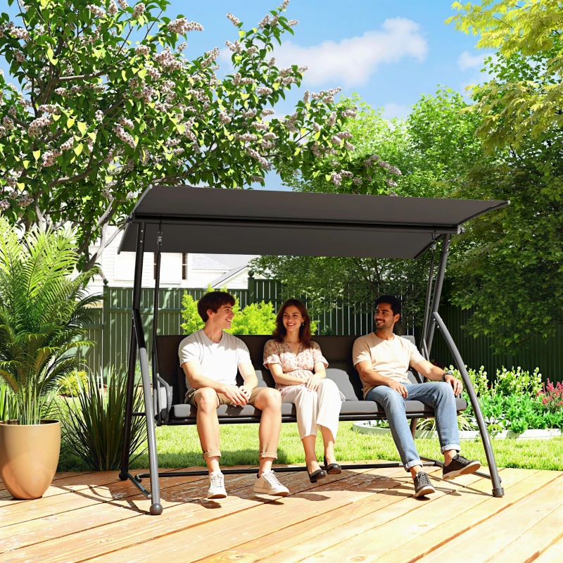 Outsunny Outdoor 2-in-1 Swing Chair Lounger 3 Seater Garden Swing Seat Bed Convertible Tilt Canopy W/ Cushion, Dark Grey