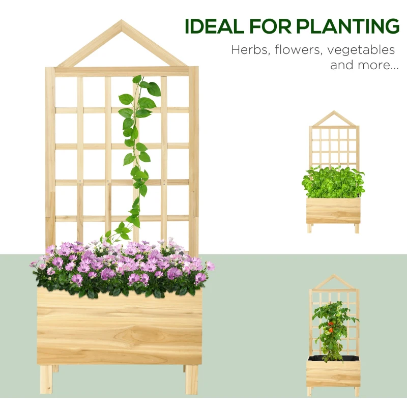 Outsunny Garden Planters with Trellis for Vine Climbing, Distressed Wooden Raised Beds, 90x43x150cm, Natural Tone