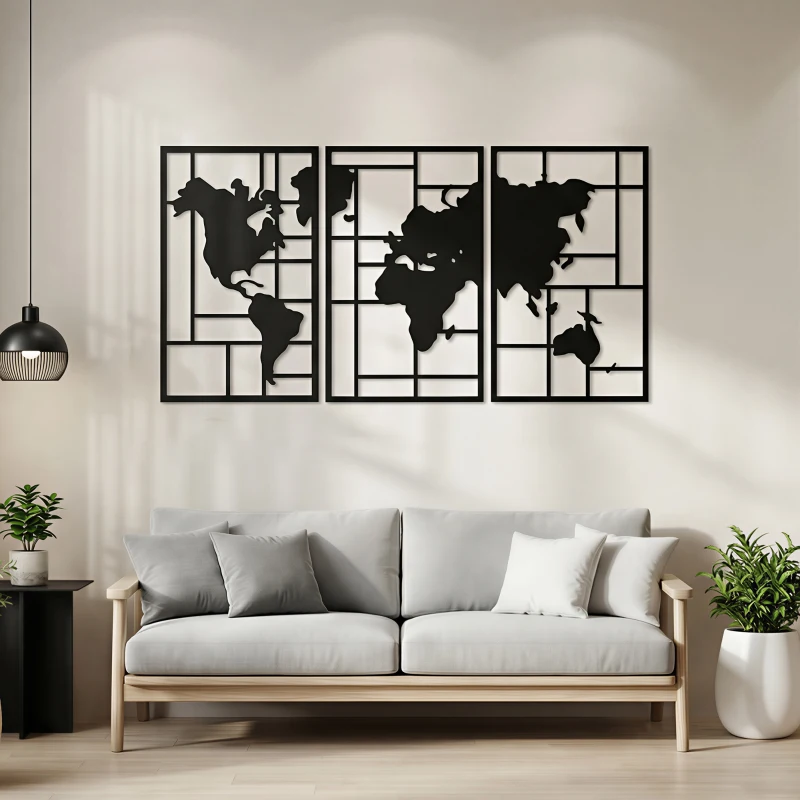HOMCOM Metalowa Dekoracja Ścienna, 3 Części, Mapa Świata na Ścianę do Salonu Sypialni Korytarza, 50 x 80 cm, Czarny