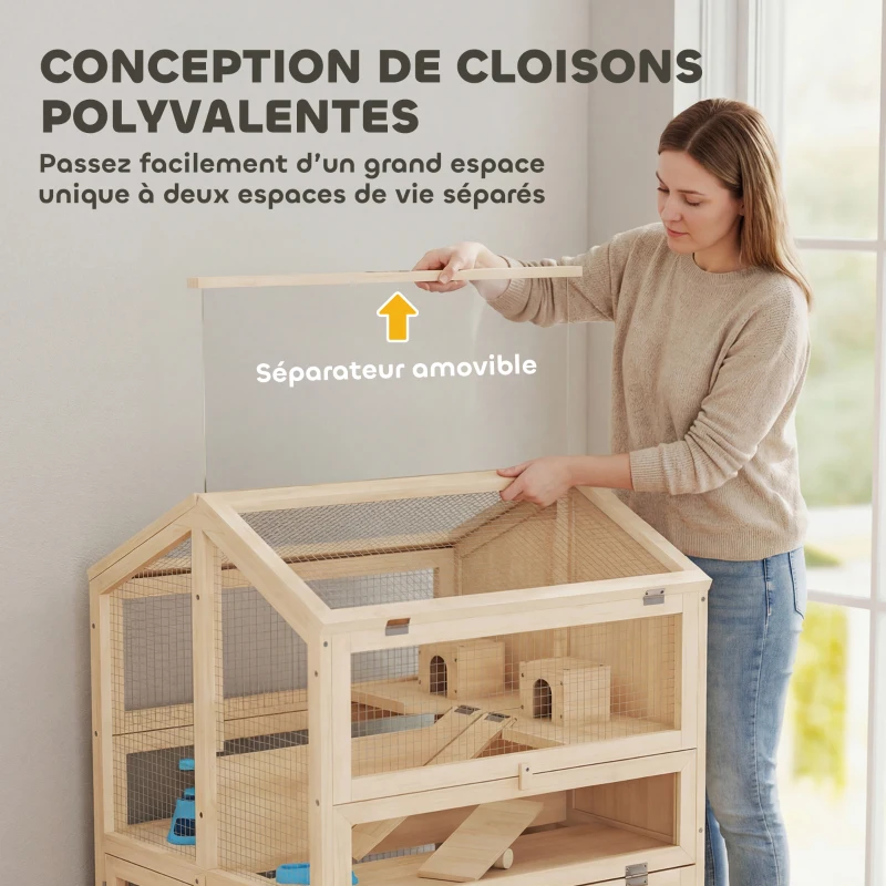 PawHut Cage Hamster 3 Étages en Bois avec Bac Amovible, Couvercle Ouvrant, Bascule, Cabane, Fenêtre, 68x61,5x90cm, Naturel