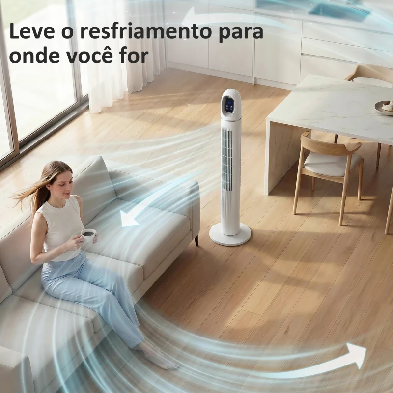 HOMCOM Ventoinha de Torre com Controlo Remoto 3 Velocidades 3 Modos Temporizador 24H Oscilação 70° Ecrã LED 31x31x111 cm Branco
