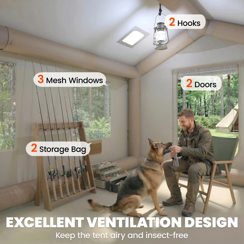 Outsunny Tente de Camping 4 Saisons, Imperméable 3000mm, Kaki, avec Pompe Gonflable