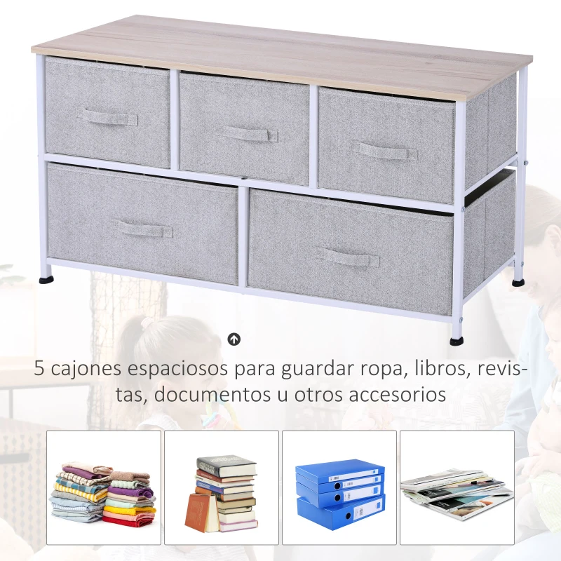 HOMCOM Cómoda con 5 Cajones de Tela Cómoda para Dormitorio Marco Metálico 100x30x54 cm Gris
