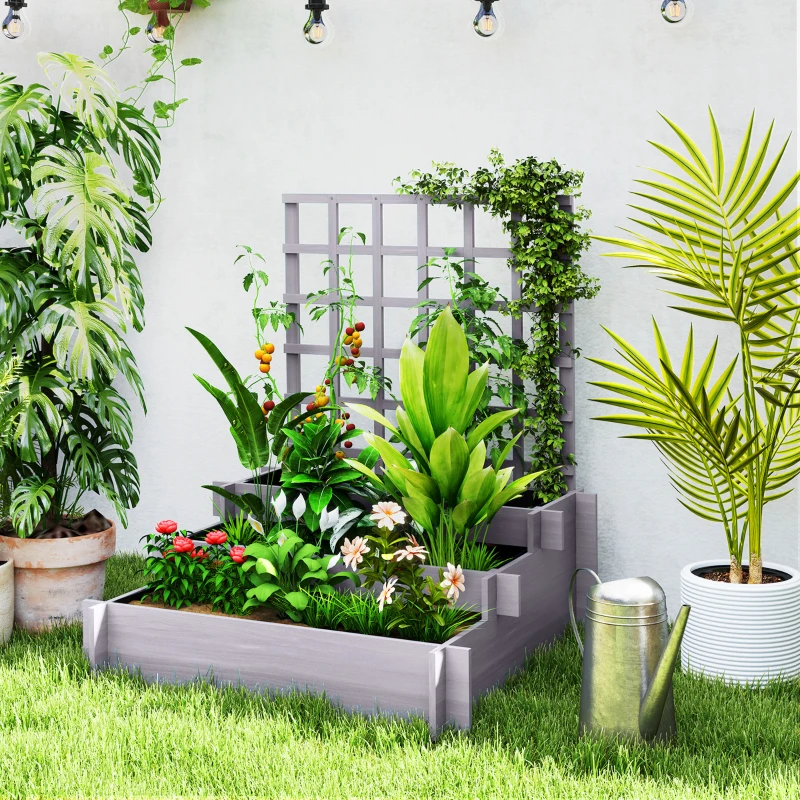Outsunny 3 Tier Garden Planters with Trellis for Vine Climbing, Wooden Raised Beds, 95x95x110cm, Grey