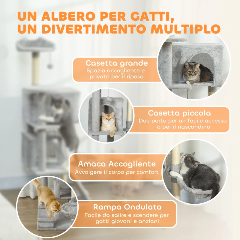 PawHut Albero Tiragraffi per Gatti Alto 140 cm con 2 Casette, Amaca, Lettino e Pali in Sisal, Grigio