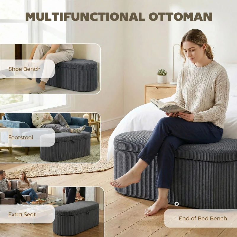 HOMCOM Storage Ottoman, Corduroy Upholstered Ottoman Storage Box with Padded Seat, 105 x 51 x 49 cm, Dark Grey