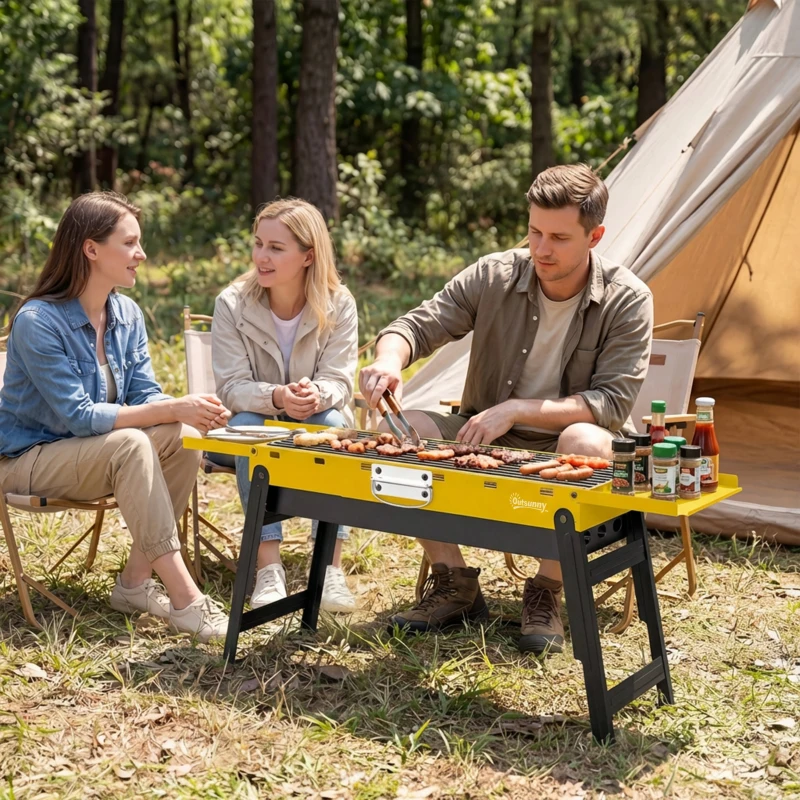 Outsunny Portable BBQ Grill, Foldable Charcoal Grill for Camping and Picnics with 2 Side Shelves and Handle, Yellow