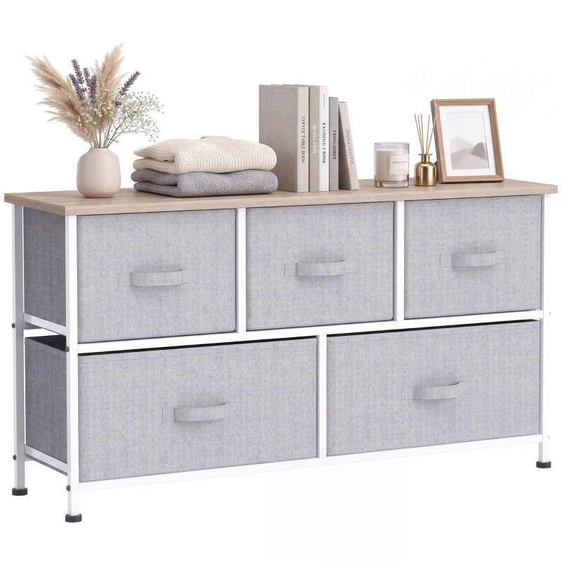 HOMCOM Cómoda con 5 Cajones de Tela Cómoda para Dormitorio Marco Metálico 100x30x54 cm Gris