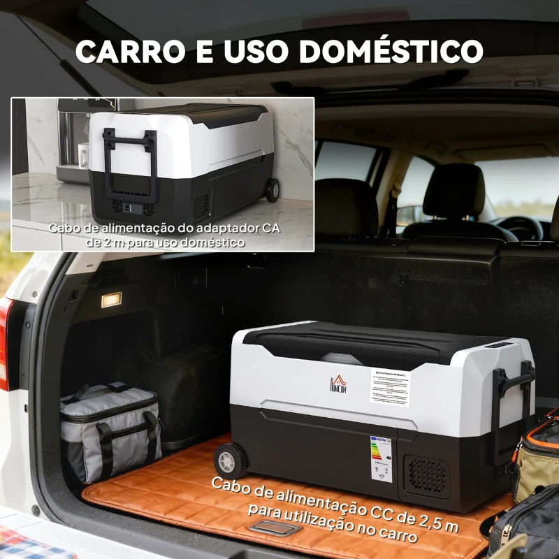 HOMCOM Geleira Elétrica de Compressor Portátil 30,5L para Carro -20℃ a 20℃ com 2 Rodas Alças e Congelador 56,8x33x26,2 cm Preto