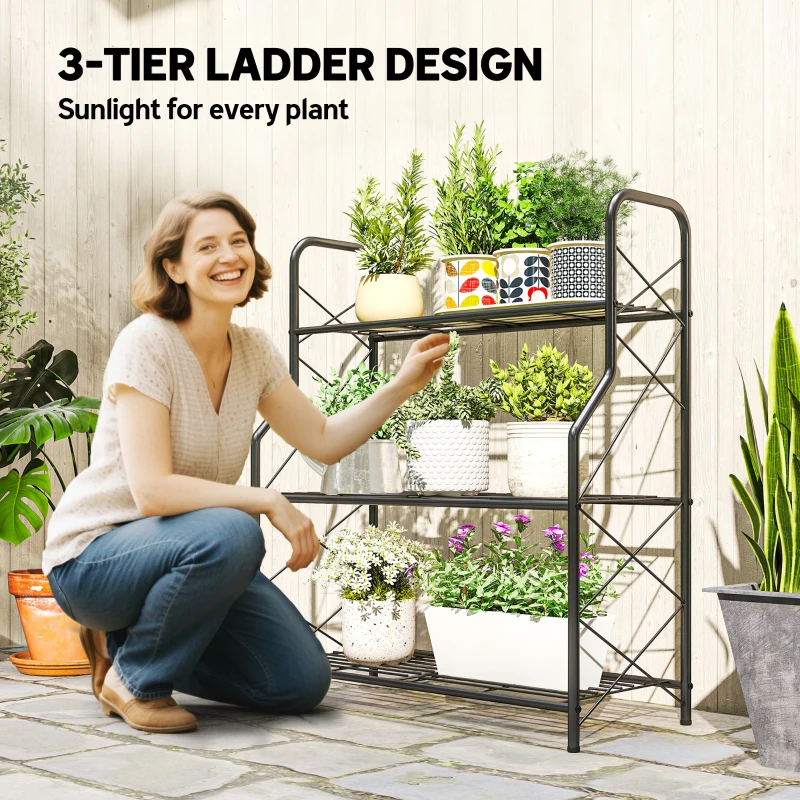 Outsunny 3-Tier Metal Plant Stand, Heavy Duty Ladder Shelf Potted Plants Display Rack, Indoor Outdoor Flower Pot Holder