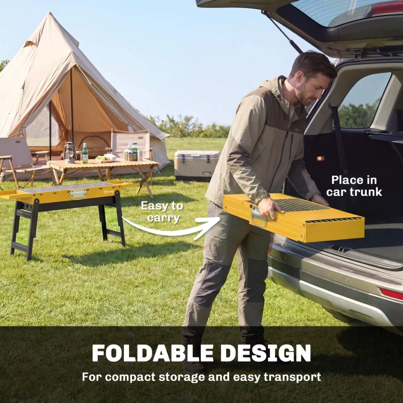 Outsunny Portable BBQ Grill, Foldable Charcoal Grill for Camping and Picnics with 2 Side Shelves and Handle, Yellow