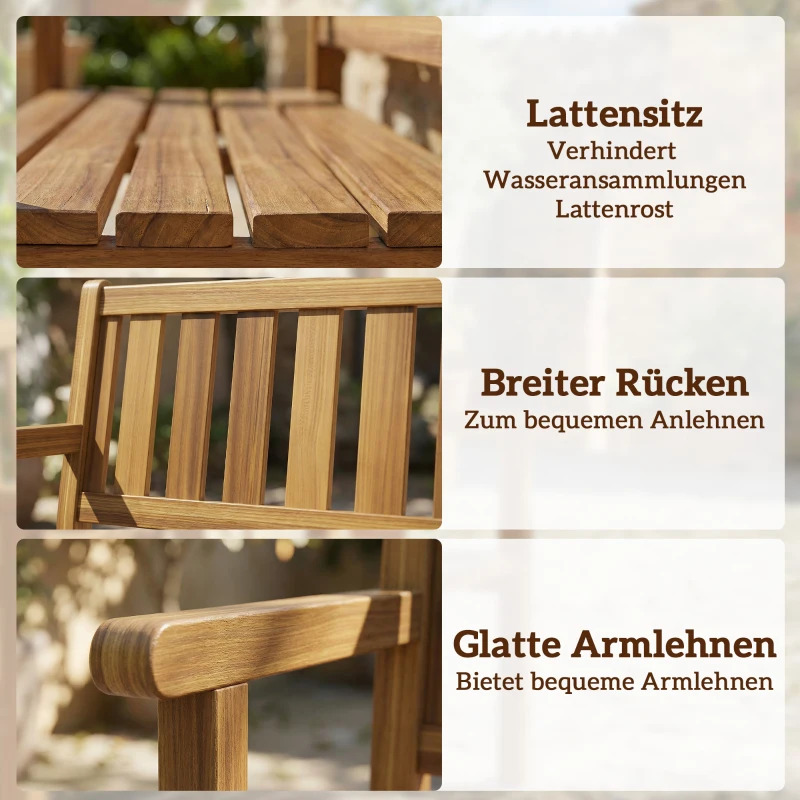 Outsunny Gartenbank 3-Sitzer Wetterfest Holzbank mit Rückenlehne Armlehnen, Holz Sitzbank 360 kg belastbar Teak