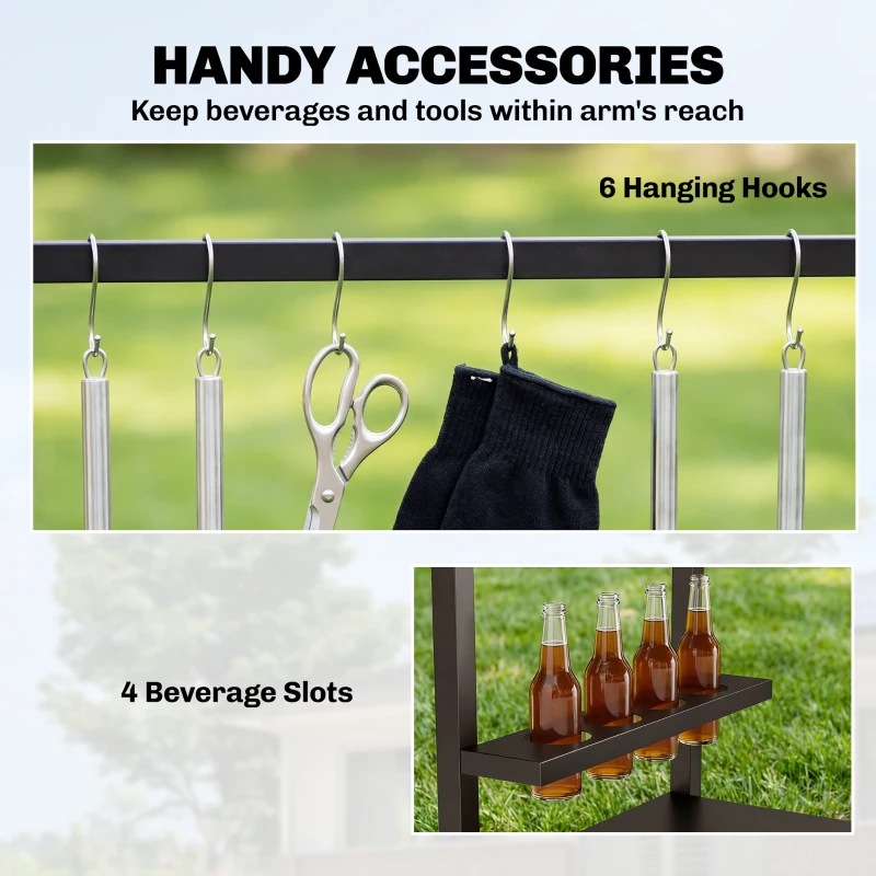 Outsunny Wózek kuchenny na kółkach, stolik serwisowy z haczykami, uchwyt na napoje, metalowy, 97 x 51 x 83 cm Czarny+Brązowy