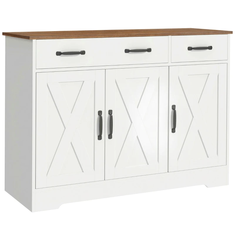 HOMCOM Buffet cuisine, meuble de rangement avec 3 portes de grange, 2 tiroirs et étagères réglables, 108 x 40 x 81 cm, blanc
