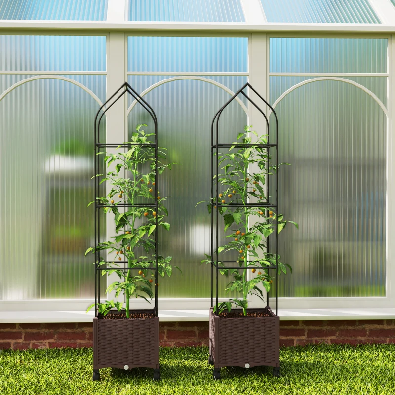 Outsunny Raised Garden Bed with Trellis, Tomato Cage with Lockable Wheels, Self Watering Planter Box with Drainage Holes, Brown
