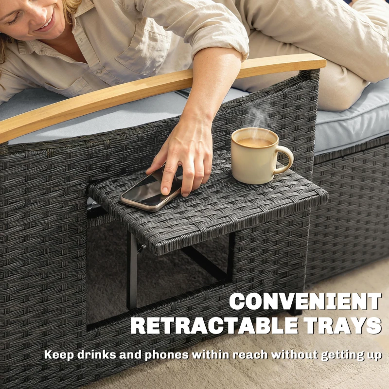 Outsunny Double Garden Rattan Daybed, Wicker Sun Bed Chaise Lounger with Storage Ottoman, 4-Level Adjustable Backrest, Dark Grey