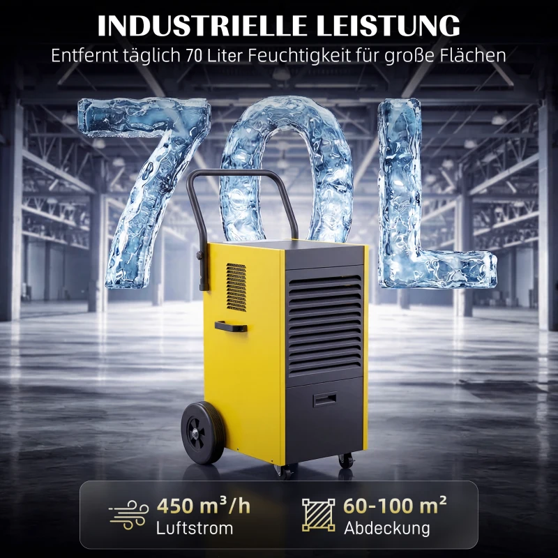 DURHAND Gewerbe-Luftentfeuchter 70L/Tag mit Rädern und Griff, kontinuierlicher Ablaufschlauch, 24-Stunden-Timer, 5,5L Tank, Gelb