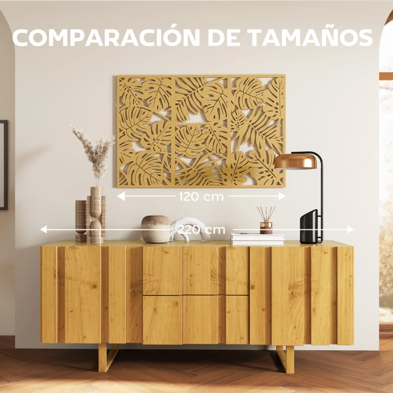 HOMCOM Decoración de Pared de Madera 3D 3 Piezas 40x80 cm Adornos de Pared con Patrón de Hojas Tropicales Madera Natural