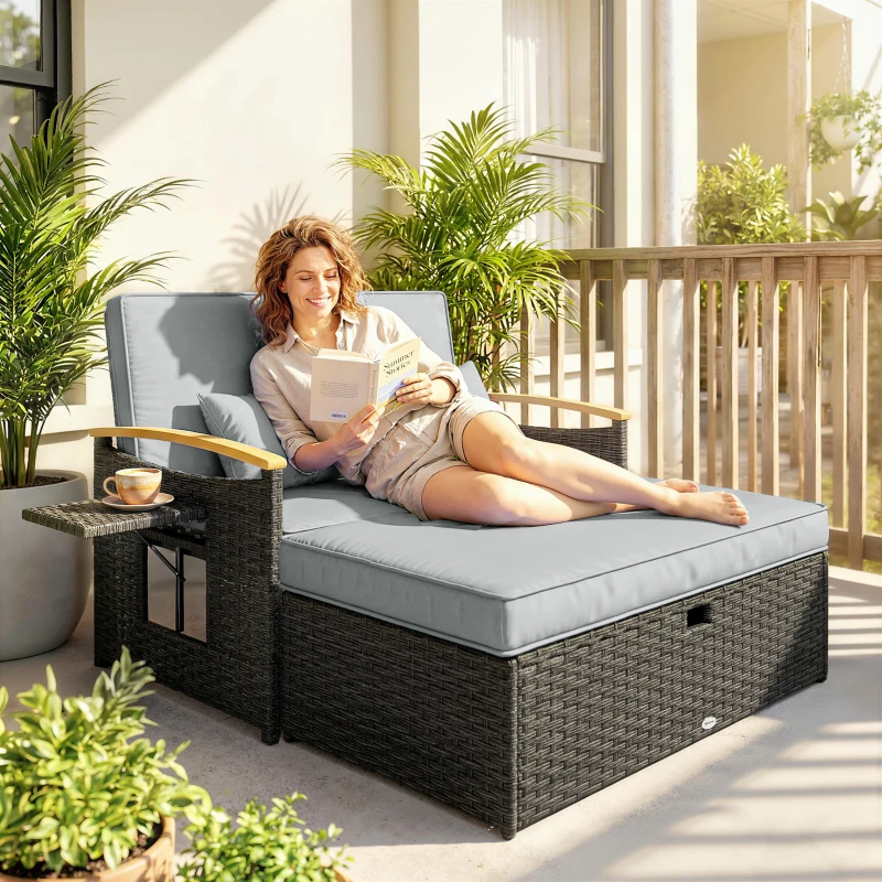 Outsunny Double Garden Rattan Daybed, Wicker Sun Bed Chaise Lounger with Storage Ottoman, 4-Level Adjustable Backrest, Dark Grey