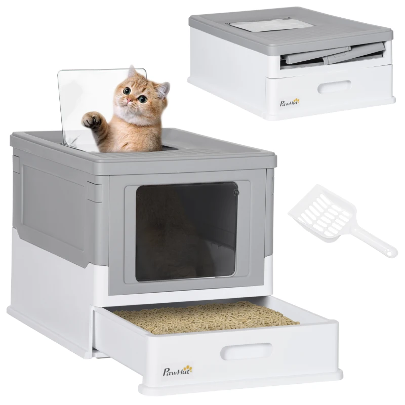 PawHut Lettiera per Gatti Chiusa in PP a 2 Porte con Paletta e Vassoio Estraibile, 47.5x35.5x36.7 cm