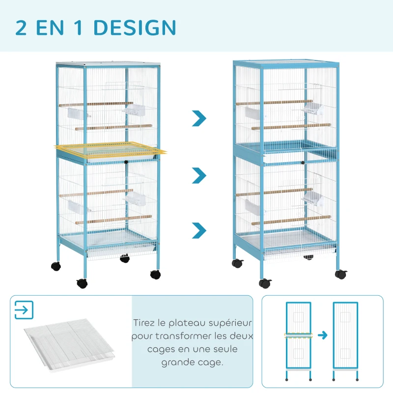 PawHut Grande Cage à Oiseaux sur Pied Double avec Mangeoires Perchoirs Plateau Amovible Roulettes 51,5 x 50 x 140 cm Bleu Clair