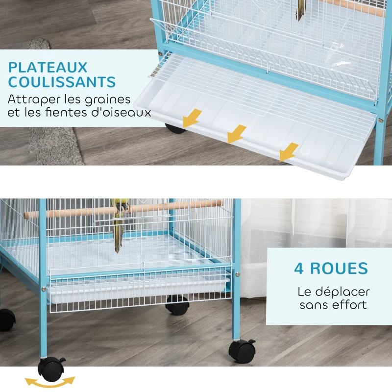 PawHut Grande Cage à Oiseaux sur Pied Double avec Mangeoires Perchoirs Plateau Amovible Roulettes 51,5 x 50 x 140 cm Bleu Clair