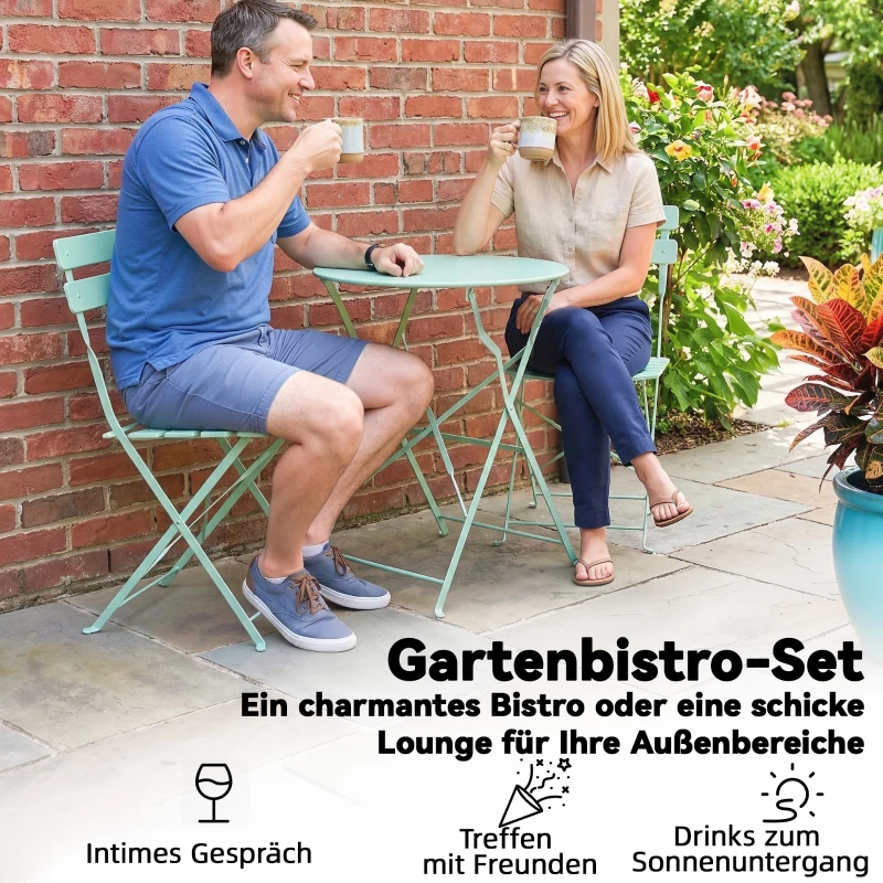 Outsunny 3-teiliges Garten Bistro Set Klappbar Bistrotisch mit 2 Stühlen Lamellen-Sitz Doppelt X-Beine Grün