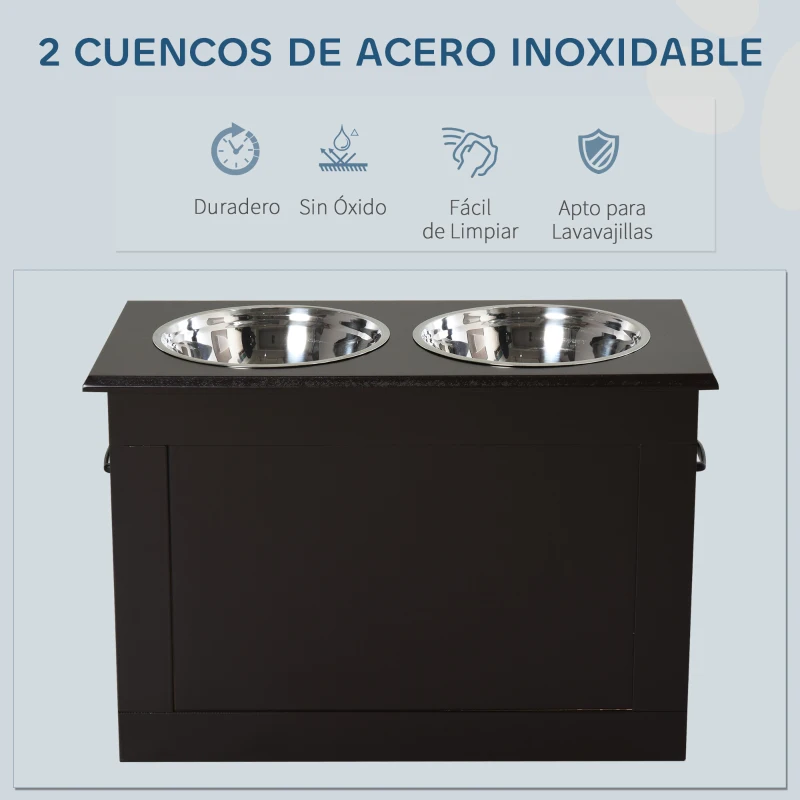 PawHut Comedero Elevado para Perros Grandes con 2 Cuencos de 2000ml y Almacenamiento Oculto 60x30x41 cm Marrón Oscuro